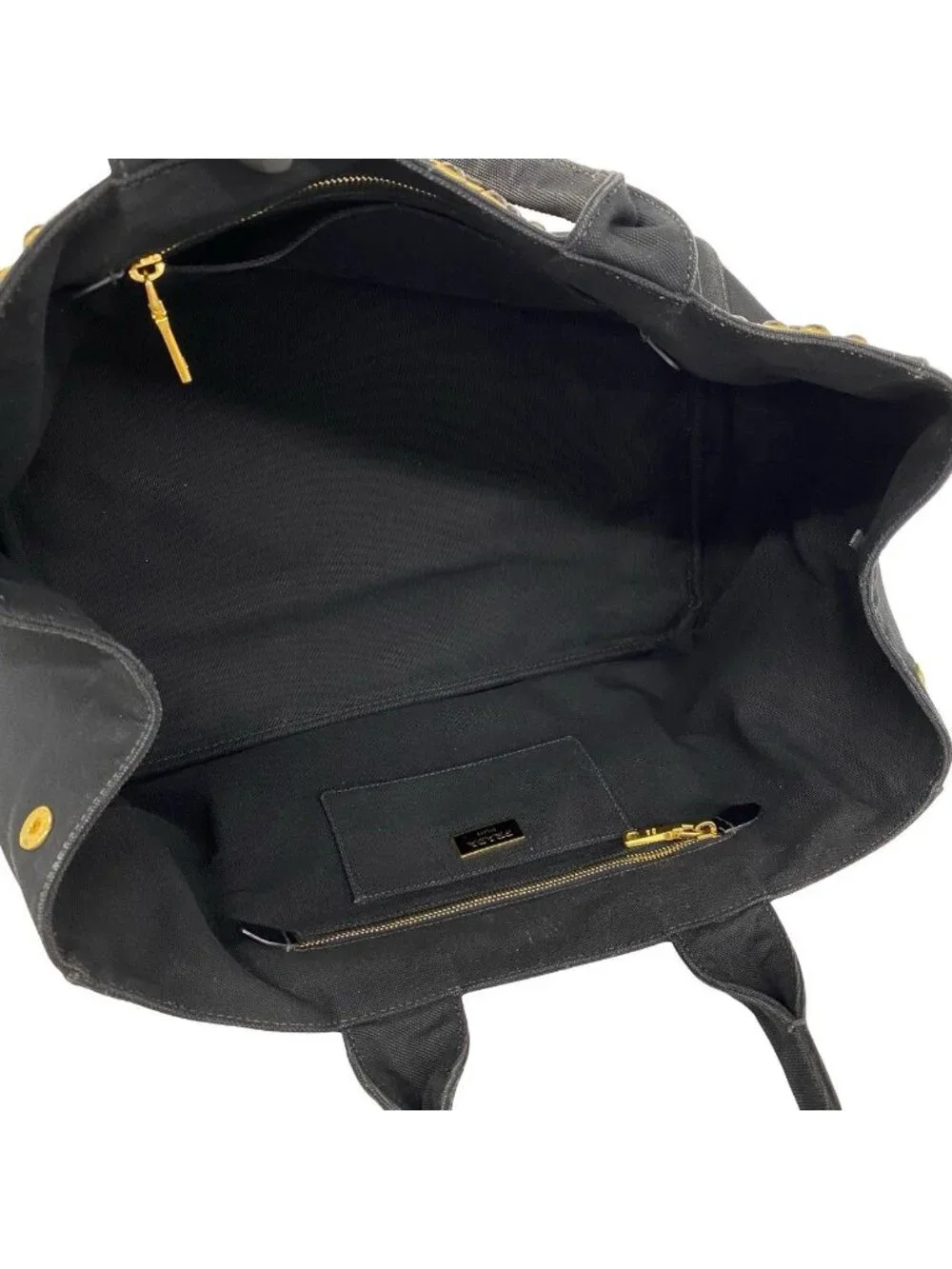 Prada Canapa Triangle Logo Canvas Saffiano Leather Studs Tote Handbag Black